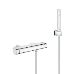 Grohe Set de douche Mitigeur thermostatique Grohtherm + Douchette Stick 1 jet, support mural, flexible, Chrome (34169001-CUBESTICK)