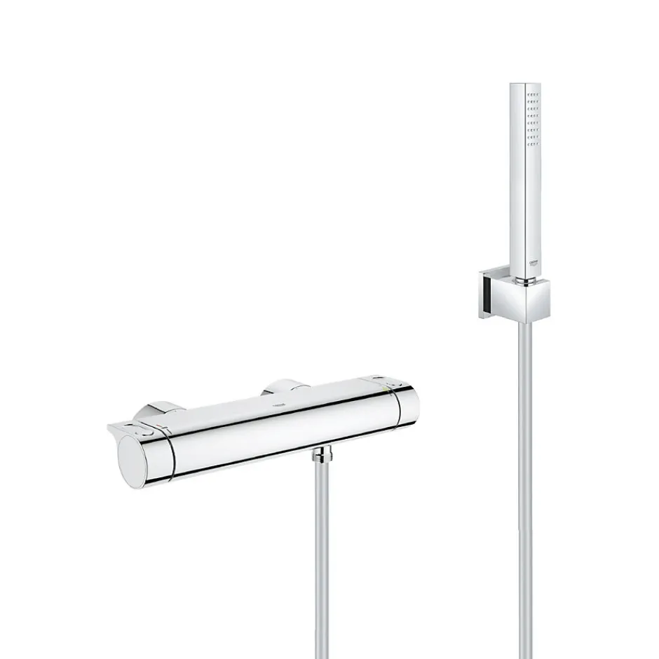 Grohe Set de douche Mitigeur thermostatique Grohtherm + Douchette Stick 1 jet, support mural, flexible, Chrome (34169001-CUBESTICK)