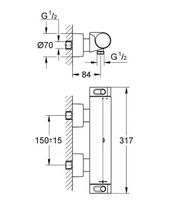 Grohe Set de douche Mitigeur thermostatique Grohtherm + Douchette Stick 1 jet, support mural, flexible, Chrome (34169001-CUBESTICK)