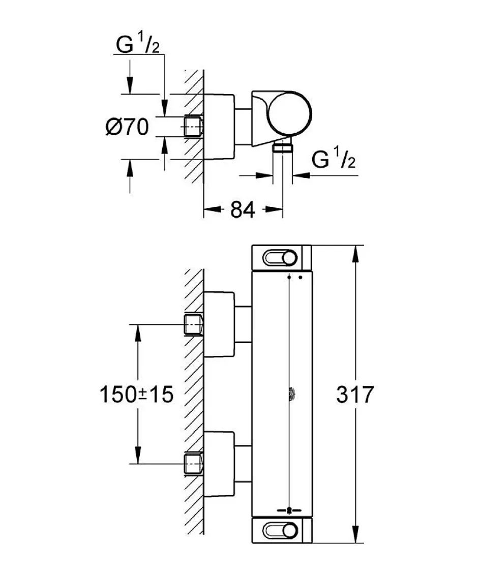 Grohe Set de douche Mitigeur thermostatique Grohtherm + Douchette Stick 1 jet, support mural, flexible, Chrome (34169001-CUBESTICK)