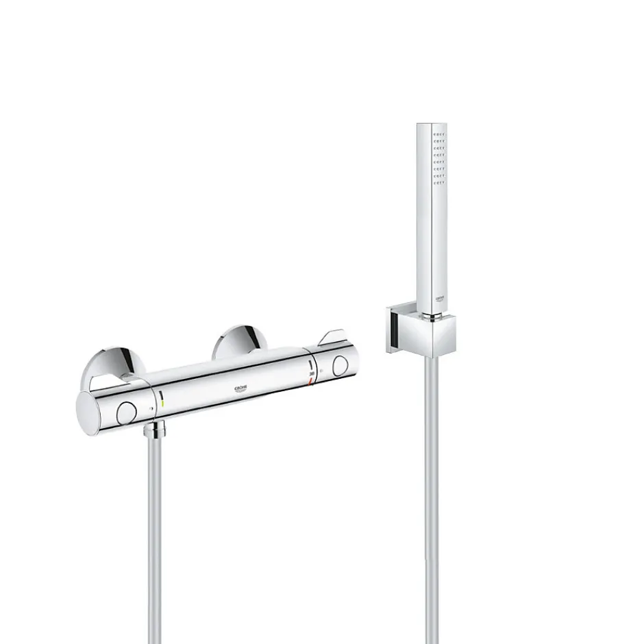 Grohe Set de douche Mitigeur thermostatique Grohtherm + Douchette Stick 1 jet, support mural, flexible, Chrome (34558000-CUBESTICK)