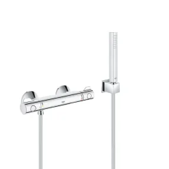 Grohe Set de douche Mitigeur thermostatique Grohtherm + Douchette Stick 1 jet, support mural, flexible, Chrome (34558000-CUBESTICK)