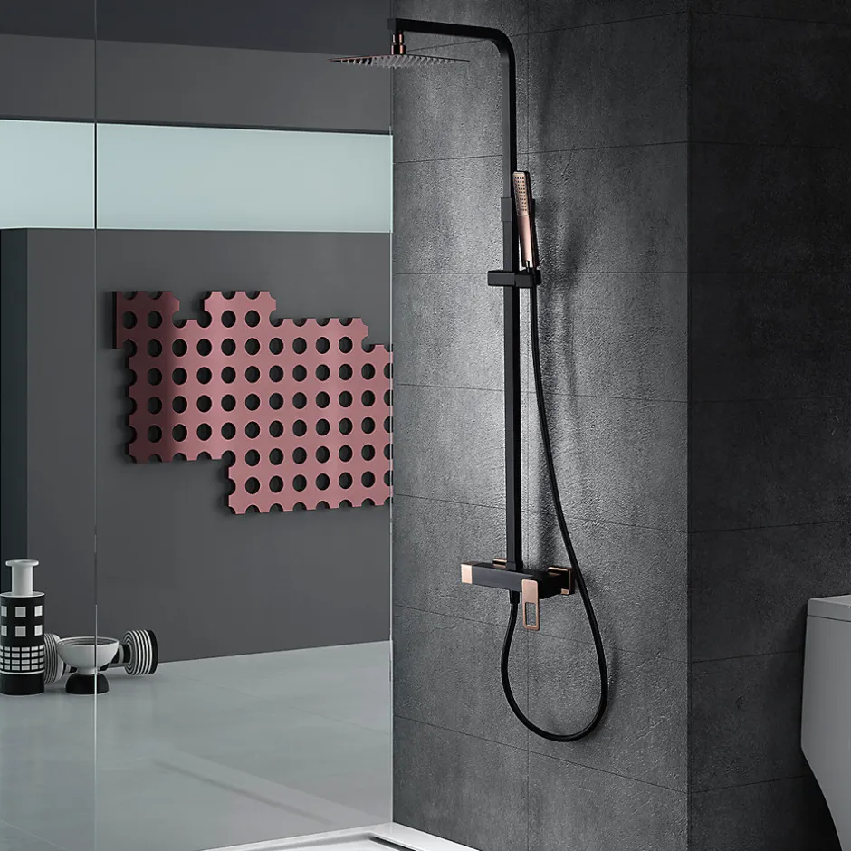Imex Products Set de douche noir et or rose en acier et laiton avec souffle extra plat 20x20 cm* Colonne De Douche Mécanique