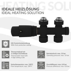 Luxebath Set vanne thermostatique passage noir pour radiateur de salle de bain à raccord central