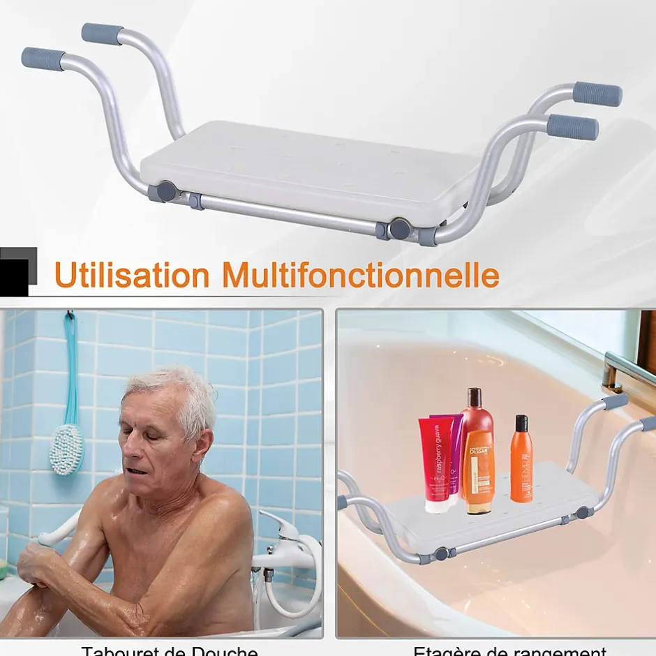 Homcom Siège de baignoire - siège de bain suspendu réglable - tabouret de salle de bain - dim. 71-81L x 22l x 18H cm - alu. HDPE blanc* Siège De Douche