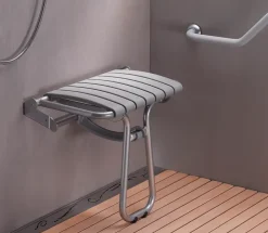Godonnier Siège de douche large et pliable, aluminium avec lattes grises, l.58,5 x H.50 x P.36 cm,