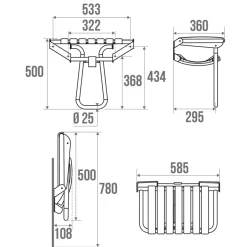 Godonnier Siège de douche large et pliable, aluminium avec lattes grises, l.58,5 x H.50 x P.36 cm,