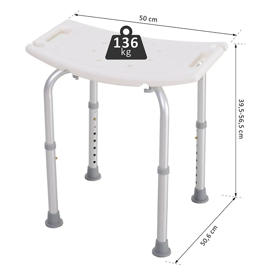 Homcom Siège de douche réglable en hauteur tabouret de douche ergonomique pieds antidérapants charge max. 136 Kg alu HDPE blanc