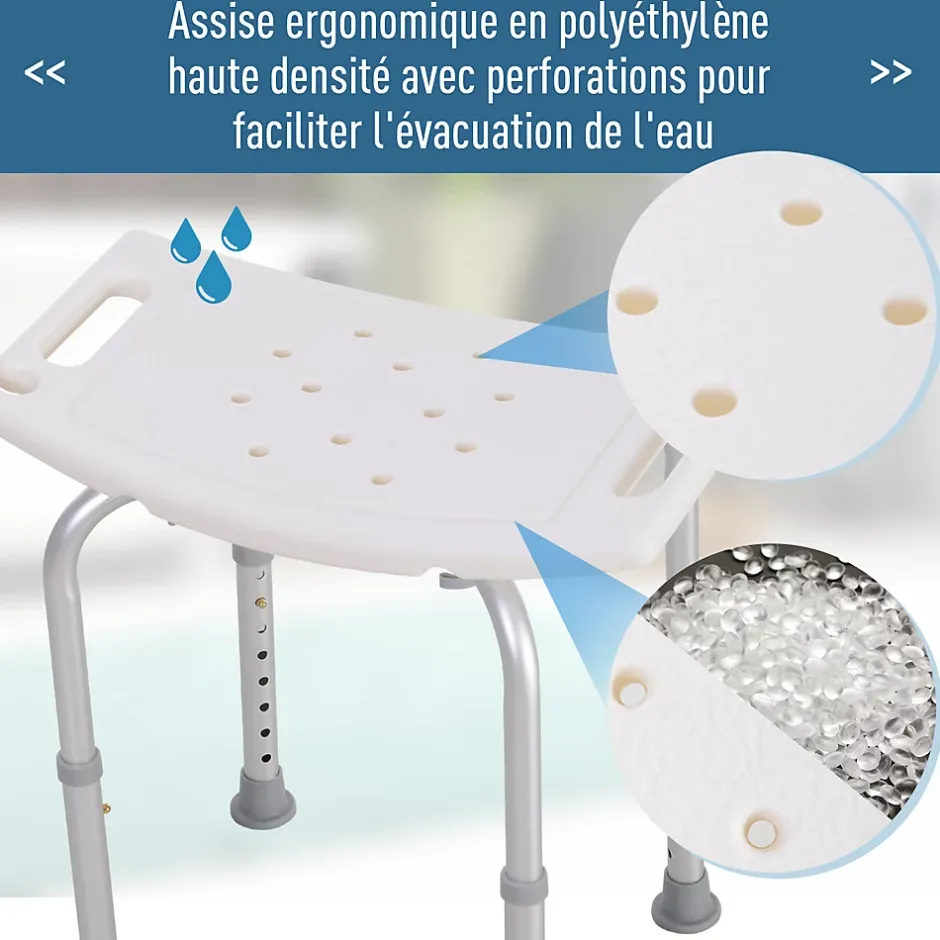 Homcom Siège de douche réglable en hauteur tabouret de douche ergonomique pieds antidérapants charge max. 136 Kg alu HDPE blanc