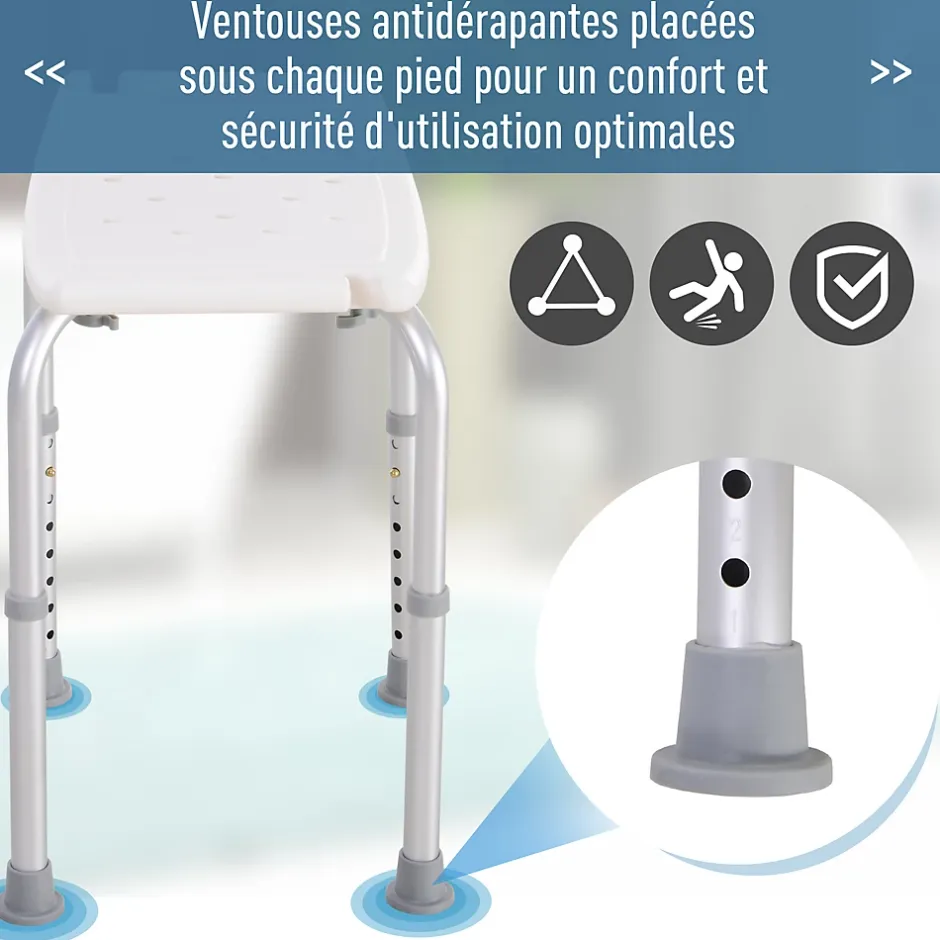 Homcom Siège de douche réglable en hauteur tabouret de douche ergonomique pieds antidérapants charge max. 136 Kg alu HDPE blanc