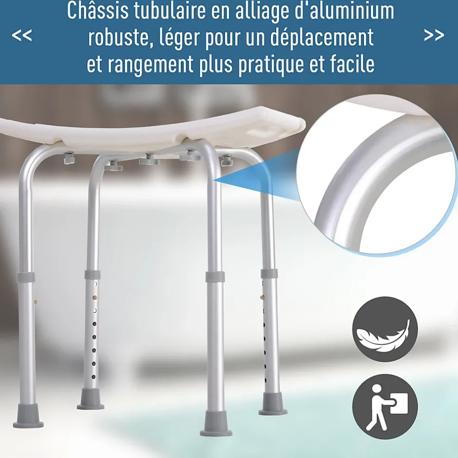 Homcom Siège de douche réglable en hauteur tabouret de douche ergonomique pieds antidérapants charge max. 136 Kg alu HDPE blanc