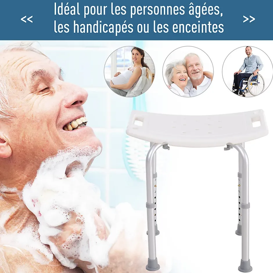 Homcom Siège de douche réglable en hauteur tabouret de douche ergonomique pieds antidérapants charge max. 136 Kg alu HDPE blanc