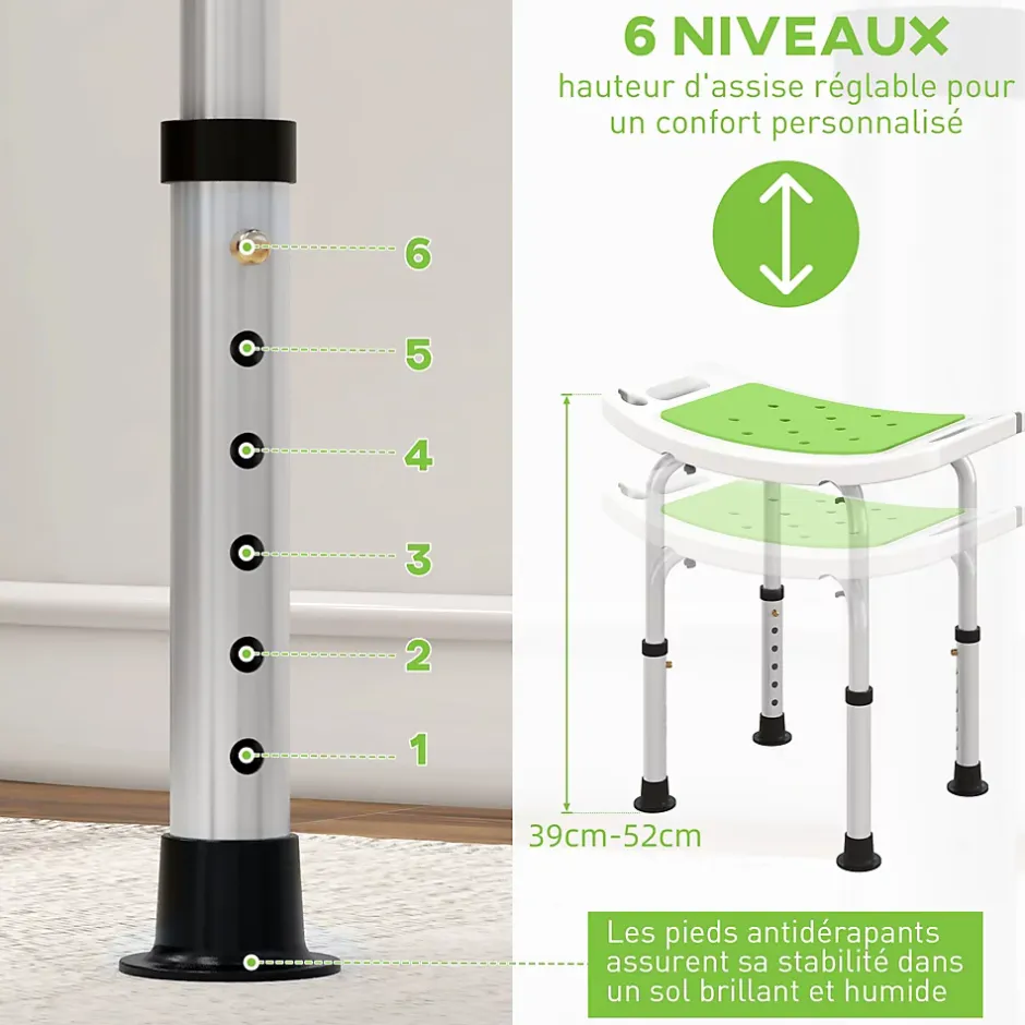 Homcom Siège de douche réglable en hauteur tabouret de douche ergonomique pieds antidérapants charge max. 135 Kg alu HDPE blanc vert* Siège De Douche