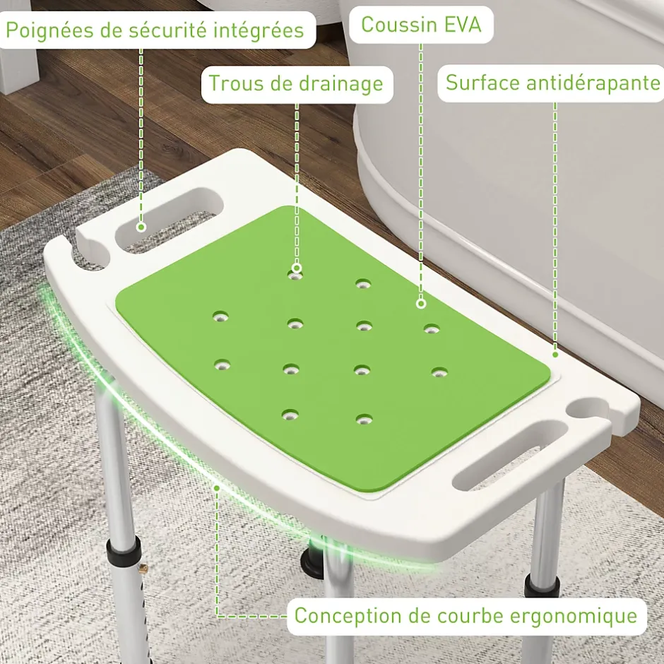 Homcom Siège de douche réglable en hauteur tabouret de douche ergonomique pieds antidérapants charge max. 135 Kg alu HDPE blanc vert* Siège De Douche