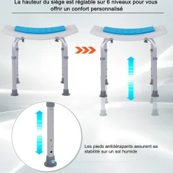 Homcom Siège de douche réglable en hauteur tabouret de douche ergonomique pieds antidérapants charge max. 135 Kg alu HDPE blanc bleu