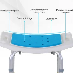Homcom Siège de douche réglable en hauteur tabouret de douche ergonomique pieds antidérapants charge max. 135 Kg alu HDPE blanc bleu