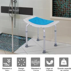 Homcom Siège de douche réglable en hauteur tabouret de douche ergonomique pieds antidérapants charge max. 135 Kg alu HDPE blanc bleu