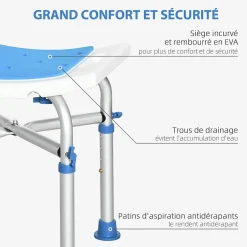 Homcom Siège de douche réglable en hauteur tabouret de douche ergonomique pieds antidérapants charge max. 150 Kg alu HDPE blanc bleu