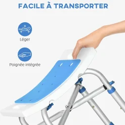 Homcom Siège de douche réglable en hauteur tabouret de douche ergonomique pieds antidérapants charge max. 150 Kg alu HDPE blanc bleu