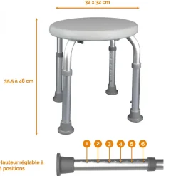 Linxor Siège, tabouret de douche rond réglable en hauteur - Blanc - Vivezen* Siège De Douche