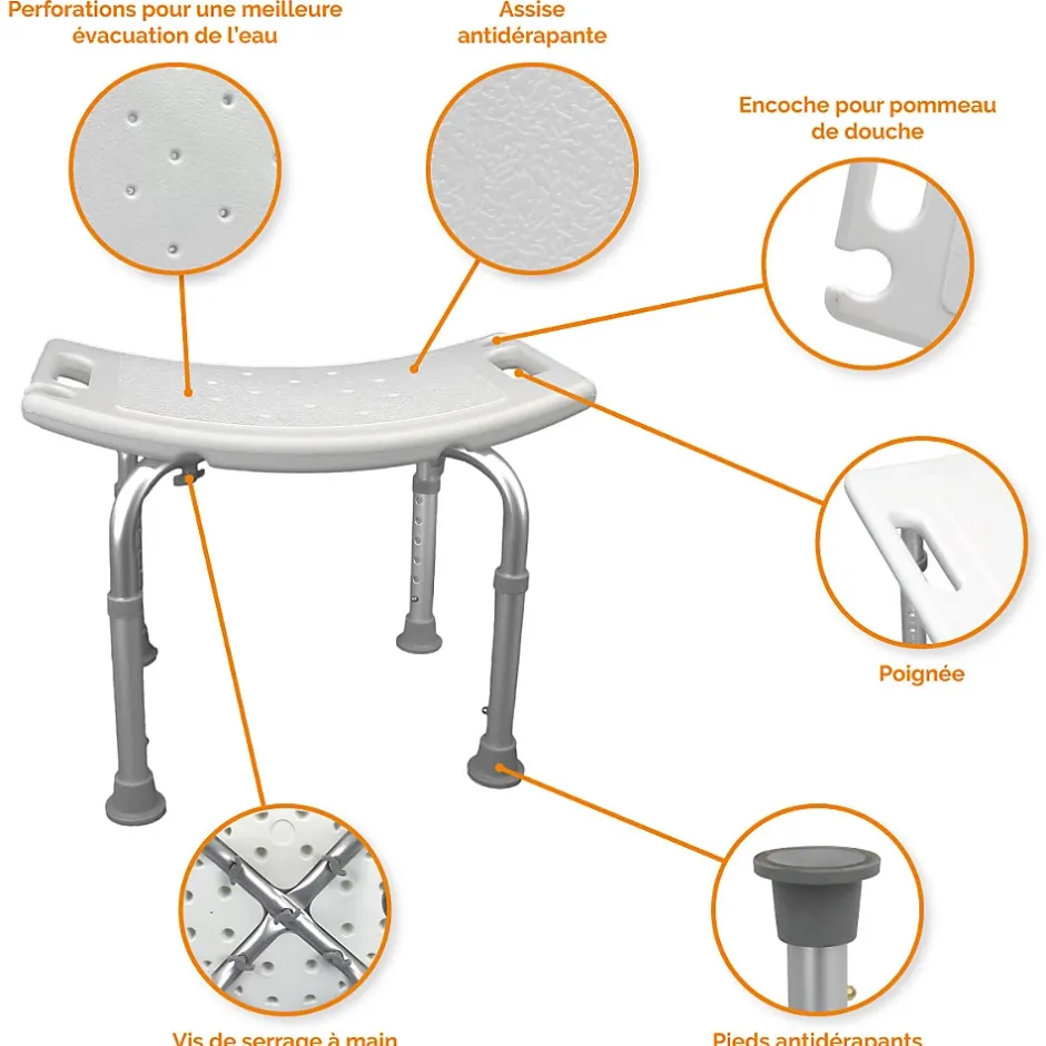 Linxor Siège, tabouret de douche rectangle réglable en hauteur - Blanc - Vivezen