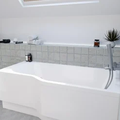 Siko 160x80 cm Beata Plus baignoire bain/douche asymétrique en acrylique, droite + tablier 160 cm + pieds, blanc