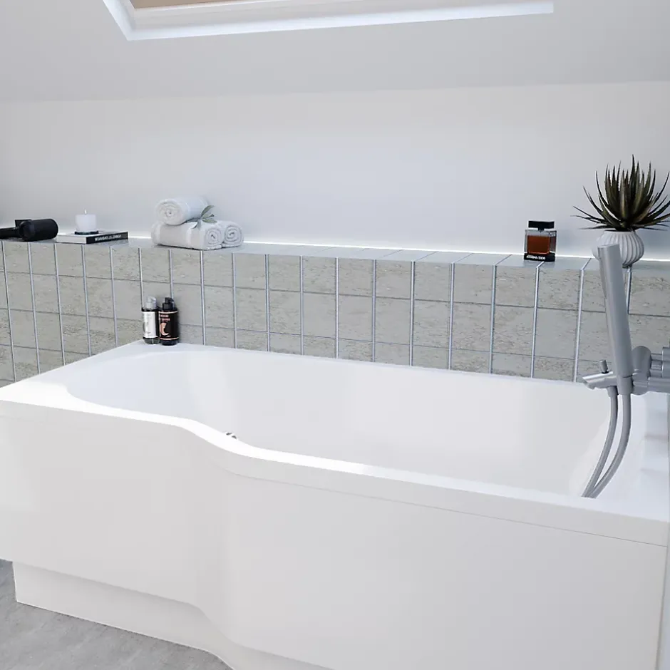 Siko 160x80 cm Beata Plus baignoire bain/douche asymétrique en acrylique, droite + tablier 160 cm + pieds, blanc