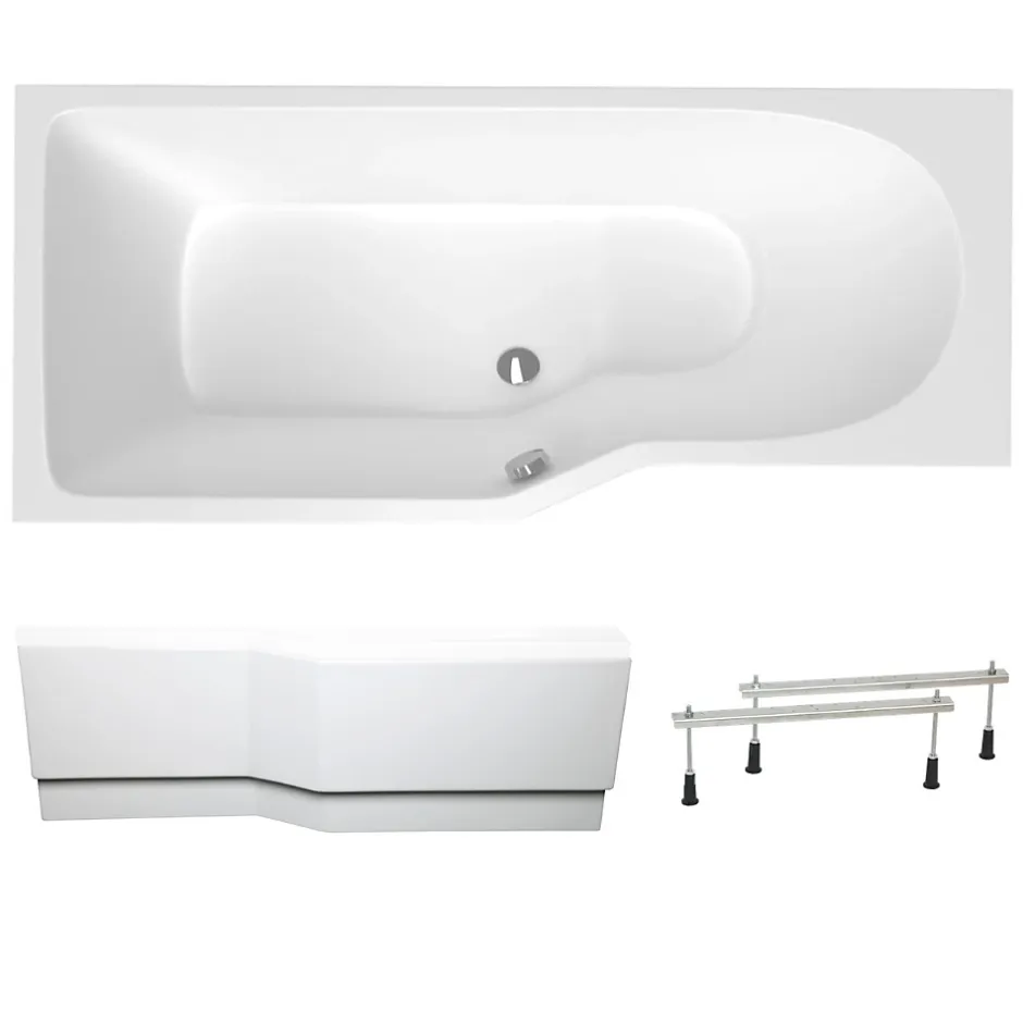 Siko 160x80 cm Beata Plus baignoire bain/douche asymétrique en acrylique, droite + tablier 160 cm + pieds, blanc