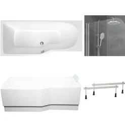 Siko 160x80 cm Beata Plus baignoire asymétrique en acrylique, gauche + tablier + pare-baignoire, pieds, blanc (BE1600LPLUS-SETP1)