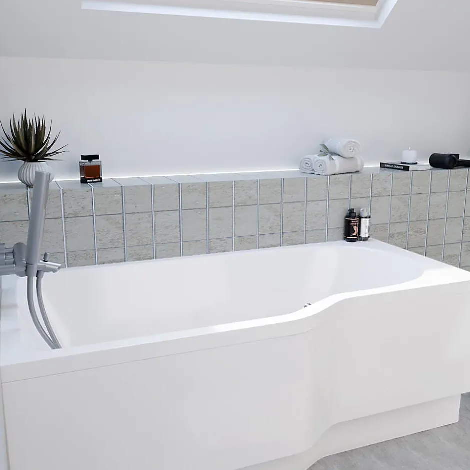 Siko 160x80 cm Beata Plus baignoire bain/douche asymétrique en acrylique, gauche + tablier 160 cm + pieds, blanc