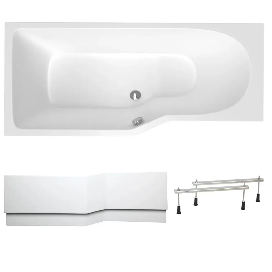 Siko 160x80 cm Beata Plus baignoire bain/douche asymétrique en acrylique, gauche + tablier 160 cm + pieds, blanc