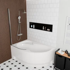 Siko 160x100 cm Fortuna Plus baignoire d'angle en acrylique, gauche + tablier + pare-baignoire, pieds, blanc (FO1600LPLUS-SETP1)