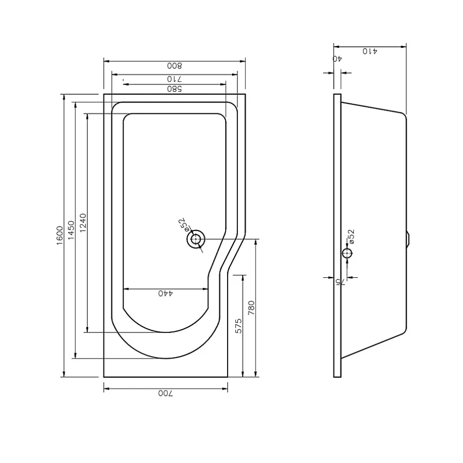 Siko 160x80 cm Laguna Beata Plus baignoire bain/douche asymétrique avec pieds, acrylique, droite, blanc (BE1600PPLUS-SET)