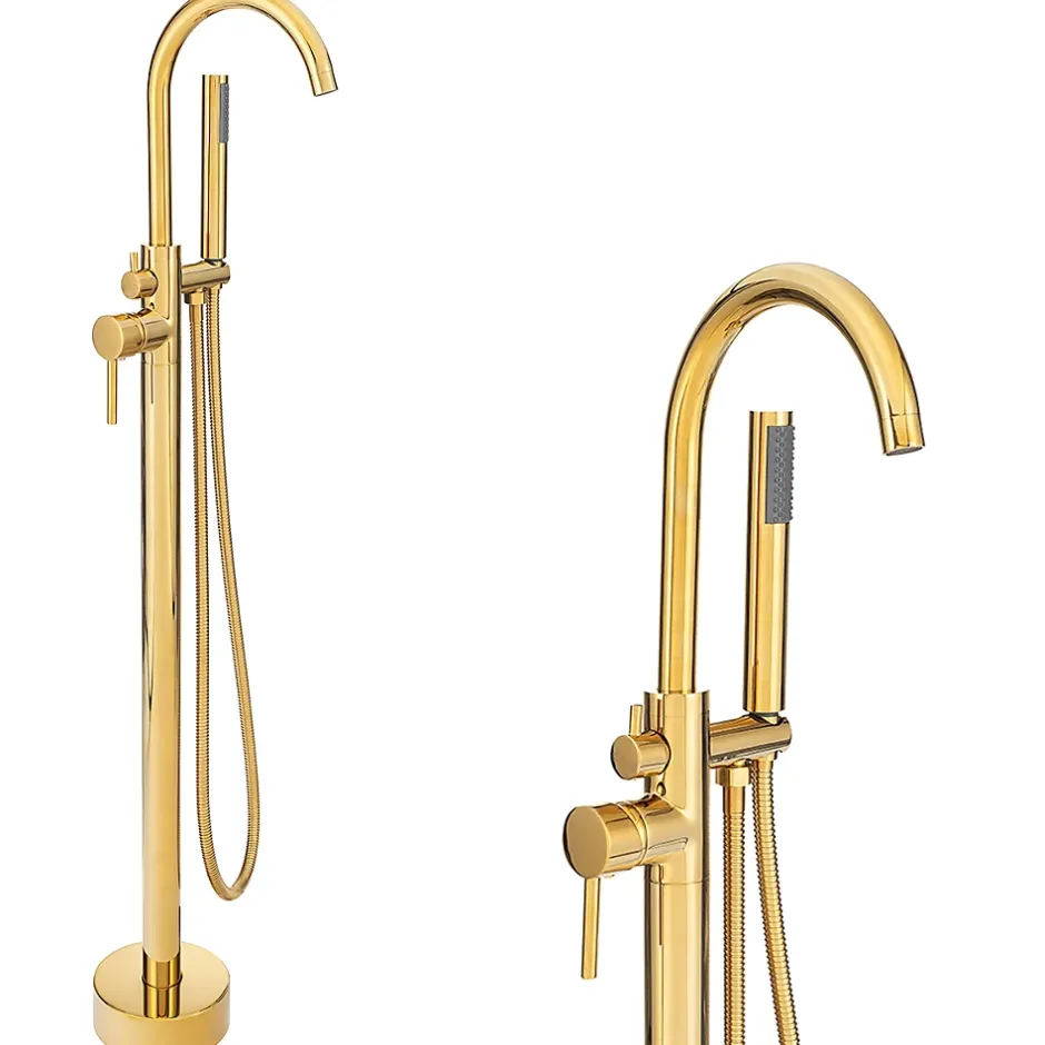 Silla Global Silla élégant Robinet de Baignoire sur pied avec inverseur et bec rotatif avec douchette et flexible, Doré