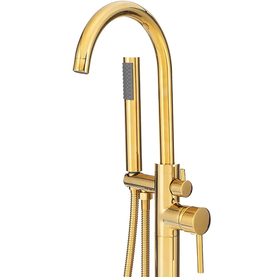 Silla Global Silla élégant Robinet de Baignoire sur pied avec inverseur et bec rotatif avec douchette et flexible, Doré
