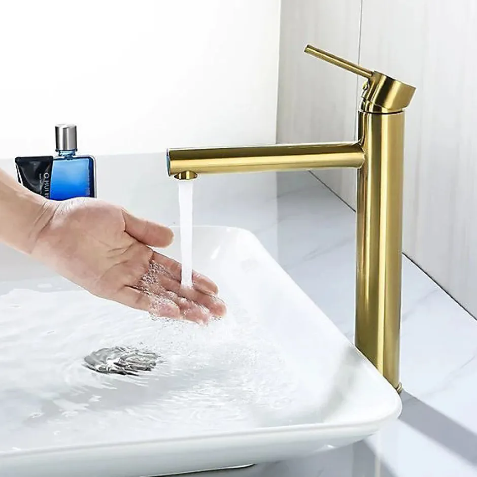 Silla Global SILLA Mitigeur lavabo moderne bec haut en Laiton, économie d'eau, Doré* Robinet Lavabo Et Vasque