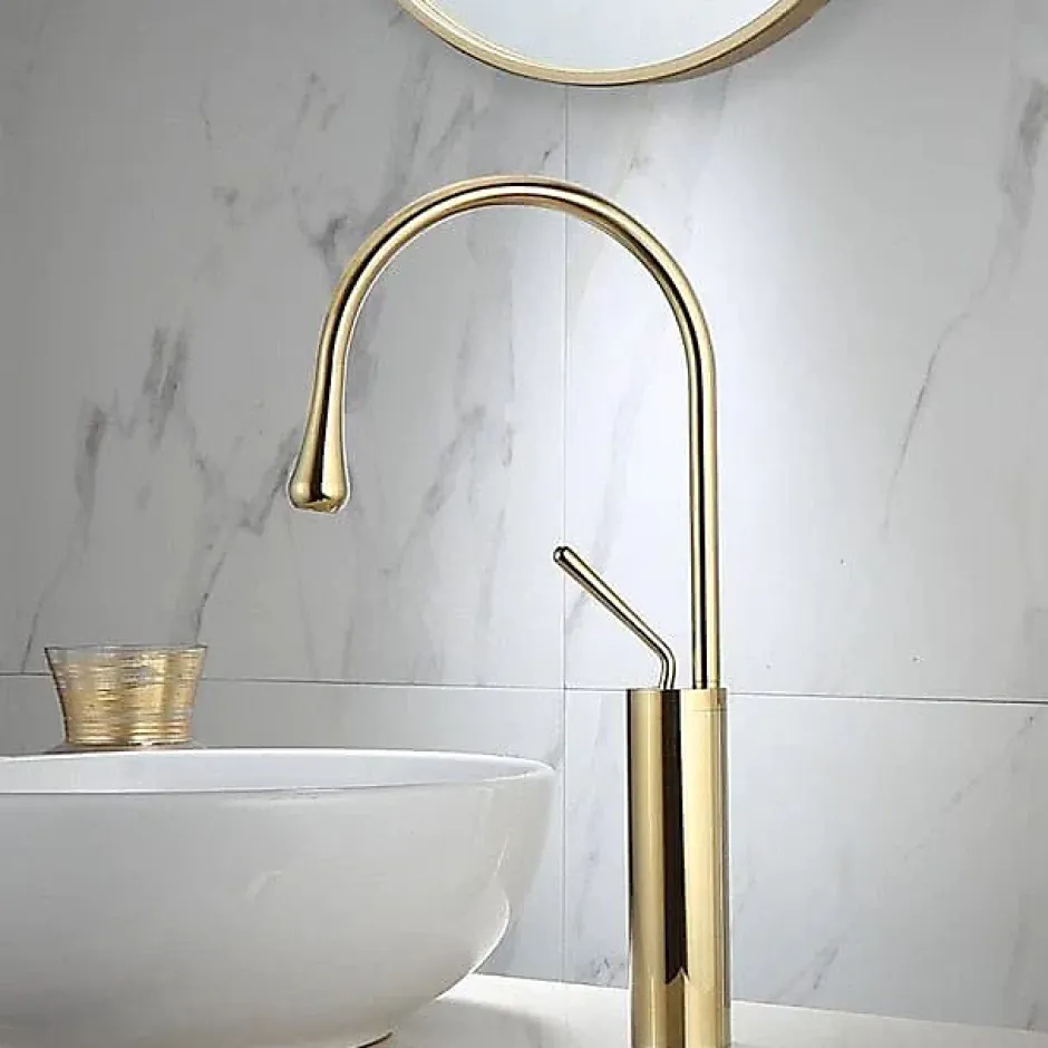 Silla Global SILLA Mitigeur lavabo moderne bec haut en Laiton, économie d'eau, Doré* Robinet Lavabo Et Vasque