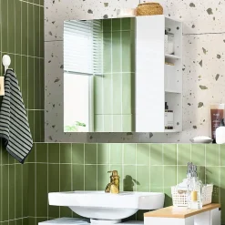 Sobuy Armoire Murale avec Miroir, 1 Porte 3 Compartiments, Étagères Réglables, Blanche