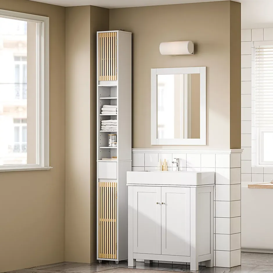 Sobuy Colonne d'Armoire pour Salle de Bain avec 6 Étagères Réglables, Blanche, 20x20x180 cm, BZR34-BW* Colonne De Salle De Bains