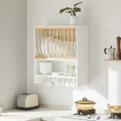 Sobuy KCR09-W Porte-Assiettes Murale, Meuble de Rangement d'Assiettes et Epices, Etagère Murale Blanche* Tablier Et Habillage De Baignoire