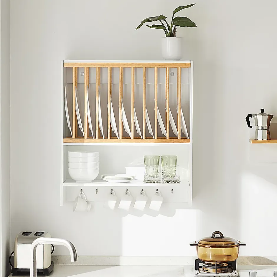 Sobuy KCR09-W Porte-Assiettes Murale, Meuble de Rangement d'Assiettes et Epices, Etagère Murale Blanche* Tablier Et Habillage De Baignoire