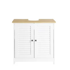 Sobuy Meuble Lavabo Salle de Bain 2 Portes 2 Étages Blanc en Bois Naturel