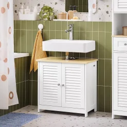 Sobuy Meuble Lavabo Salle de Bain 2 Portes 2 Étages Blanc en Bois Naturel