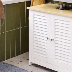 Sobuy Meuble Lavabo Salle de Bain 2 Portes 2 Étages Blanc en Bois Naturel