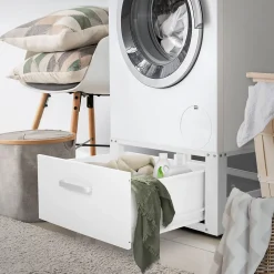 Ml-Design Socle pour machine à laver en acier blanc accessoire avec tiroir 63x54x31,5 cm
