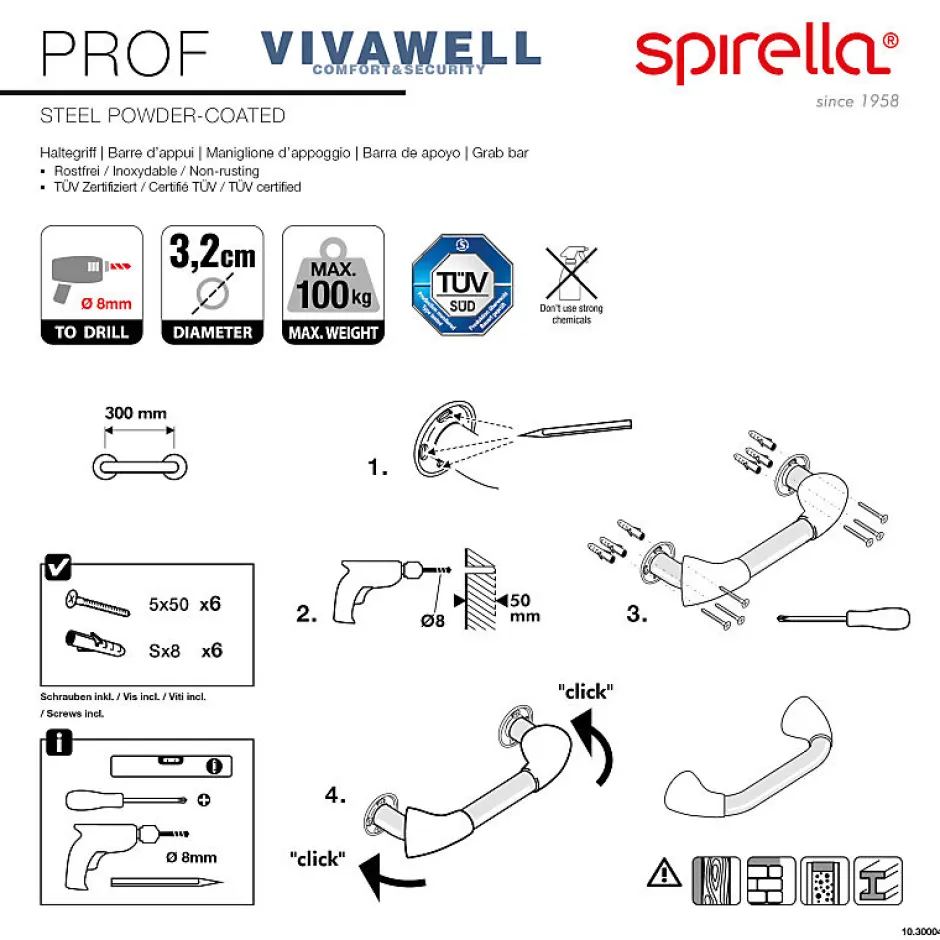 Spirella Barre de redressement ou d'appui PROF Acier Inox 30cm Blanc* Barre D'Appui