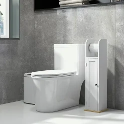 kleankin Support papier toilette - armoire pour papier toilette - porte, 2 étagères, sortie papier blanc bois clair