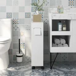 kleankin Support papier toilette sur roulettes - armoire papier toilette - 2 portes coulissantes, étagère, 2 compartiments fermés - blanc* Meuble Wc