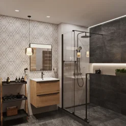 Swiss Aqua Technologies Colonne de douche avec mitigeur thermostatique + Douche de tête 240 mm + Douchette 2 jets, Noir