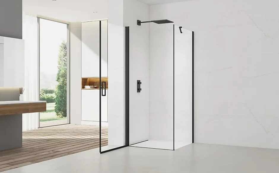Swiss Aqua Technologies Fusion ensemble porte pivotante /paroi 100x80cm anticalcaire avec profilés noir mat (SATFUD100S80C)